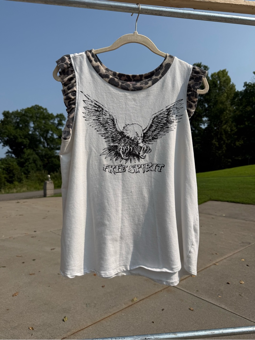Ces Femme White Sleeveless 'Free Spirit' Eagle Tank with Leopard Trim